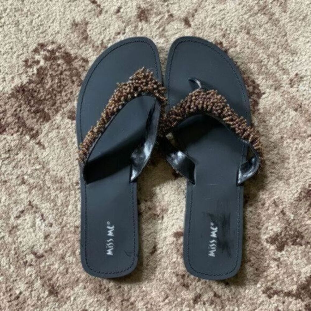 Miss Me Black thong brown beaded sandals size 10